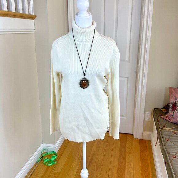 Lauren Ralph Lauren Sweater Turtleneck Cotton Modal Ivory Ribbed Logo Plus (1X) - Picture 1 of 5
